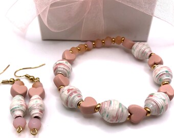 Womens Paper Bead Jewelry-Paper Bead Bracelets-Pink Paper Bead Bracelet-Handmade Paper Bead Earrings