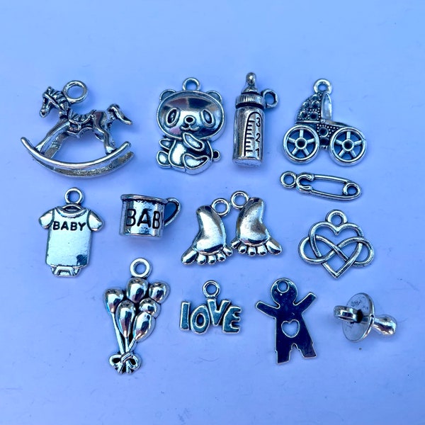 Silver Baby charms / baby charms / baby shower charms for crafting / baby shower favors or DIY party gift / gender neutral baby charms