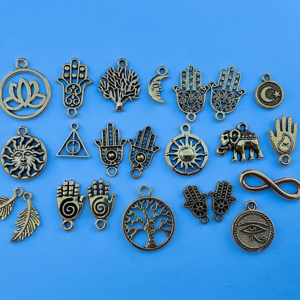 Yoga charms / antique gold Yoga charms / hamsa hands / mind body charms /tribal charms / yoga charms for diy jewelry making or crafts