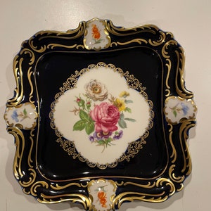 Vintage Bavarian Lindner German Dessert Plate Cobalt Blue Square Platter
