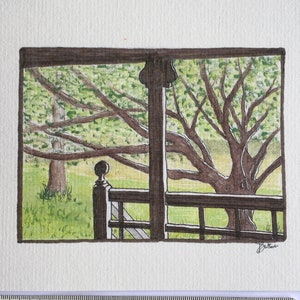 May include: A watercolor painting of a view from a porch, showing a tree with green leaves and brown branches. The porch has a wooden railing and a brown post with a decorative finial.