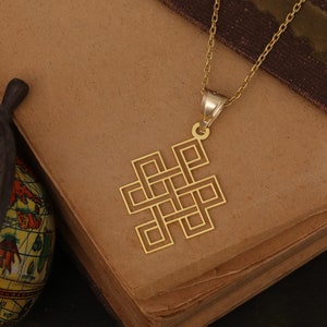Endless Knot Solid Gold Necklace: Tibetan Buddhist Infinity Pendant