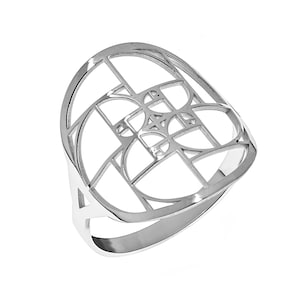 May include: A silver ring with a geometric design. The design is a circle with a square inside, and the square has a smaller circle inside. The ring is made of metal and has a shiny finish.