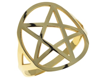 May include: A gold-toned ring with a pentagram design. The ring is made of metal and has a circular shape.