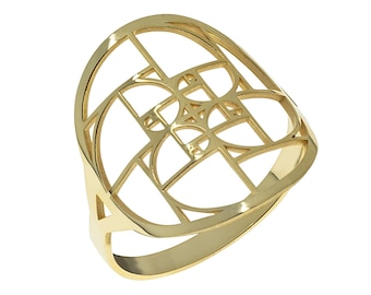 May include: A gold-toned ring with a geometric design. The ring is made of a metal with a shiny finish. The design is a series of overlapping circles and squares.