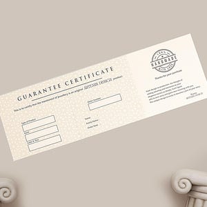 May include: A guarantee certificate with the text "GUARANTEE CERTIFICATE" and "ARTEMIS DESIGN product." The certificate includes fields for product type, order number, name, family name, color & size, and order date. A "HANDMADE" seal is also visible.