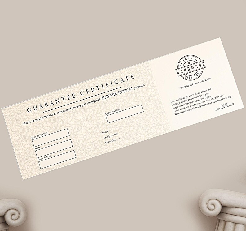 May include: A guarantee certificate with the text "GUARANTEE CERTIFICATE" and "ARTEMIS DESIGN product." The certificate includes fields for product type, order number, name, family name, color & size, and order date. A "HANDMADE" seal is also visible.