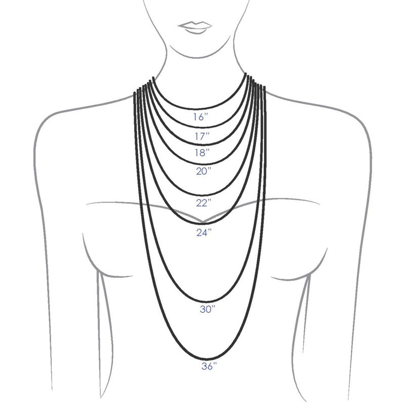 May include: A diagram illustrating necklace lengths, ranging from 16 inches to 36 inches. The image shows a stylized figure with several black lines representing different necklace lengths. Each line is labeled with its corresponding length in inches.