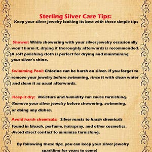 May include: A vintage-style card with ornate borders and text. The title "Sterling Silver Care Tips" is in red. The card offers advice on maintaining silver jewelry, including avoiding harsh chemicals and keeping it dry.