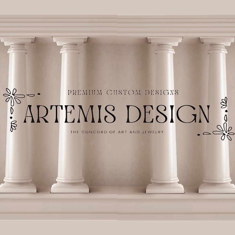 May include: An image featuring four white classical columns with decorative floral accents. The text "ARTEMIS DESIGN" is prominently displayed in a bold, elegant font, with the tagline "THE CONCORD OF ART AND JEWELRY" below. The words "PREMIUM CUSTOM DESIGNS" are above the main text.
