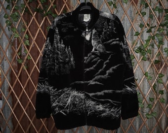L - Vintage Y2K Aop wolf fleece zip up nature 1990s Jacket