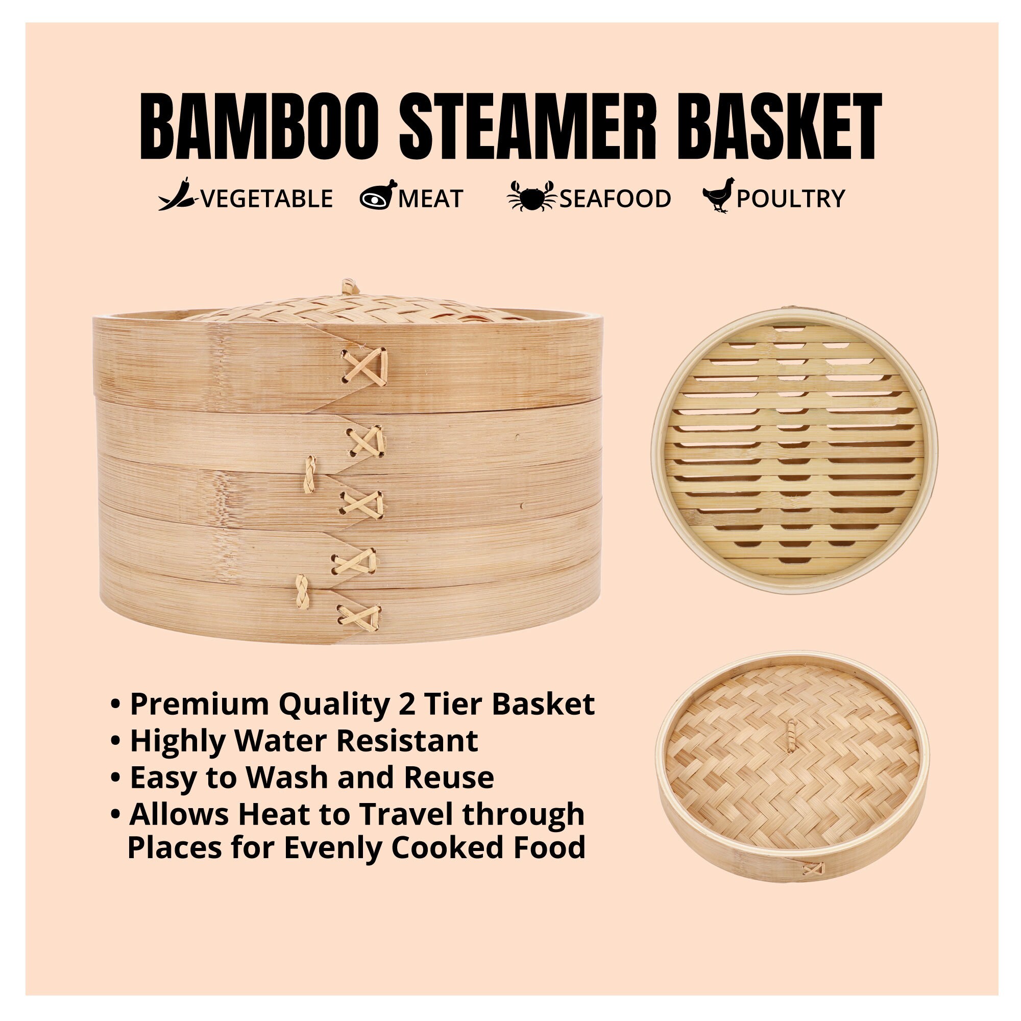 Bamboo Steamer 10 Inch 2 Tier Steam Pot for Rice Dim Sum Etsy