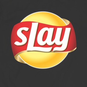 May include: A red and gold logo with the word "sLay" in white letters on a yellow chip shape.