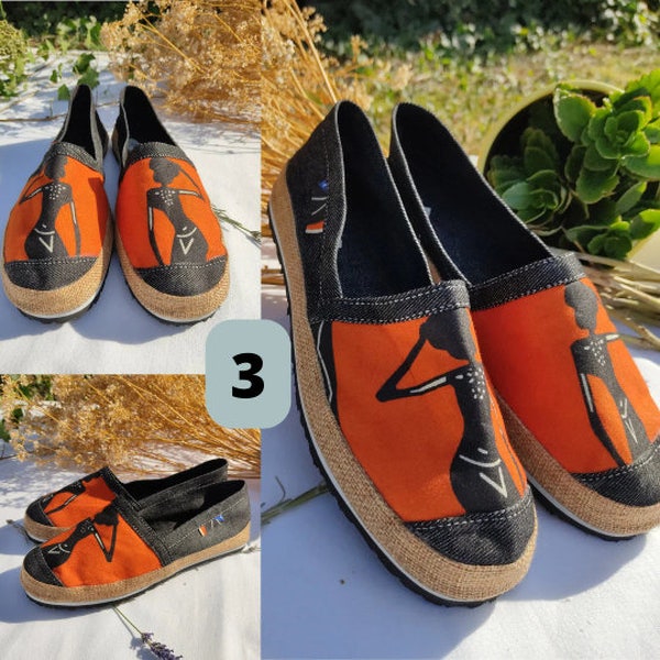 Chaussures espadrilles légères femme: must-have. Confortables et stylées pour l'été. Estivales. Idée cadeau. Afro. Taille 39. Noire orange