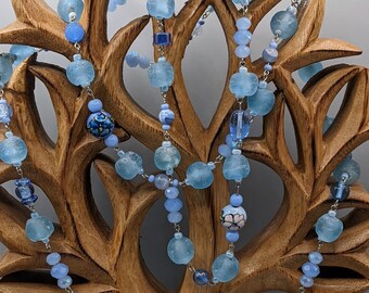 Handmade Freedom Skies: Blue Glass Semi-Precious Gemstone Porcelain Beaded Necklace Gift