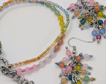 Handmade Beaded Rainbow Gemstone Jewelry Double Necklace Double Bracelet Earrings Gift