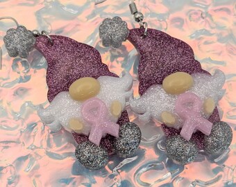 Handmade Breast Cancer Awareness Pink Ribbon Gnome Earrings Gift