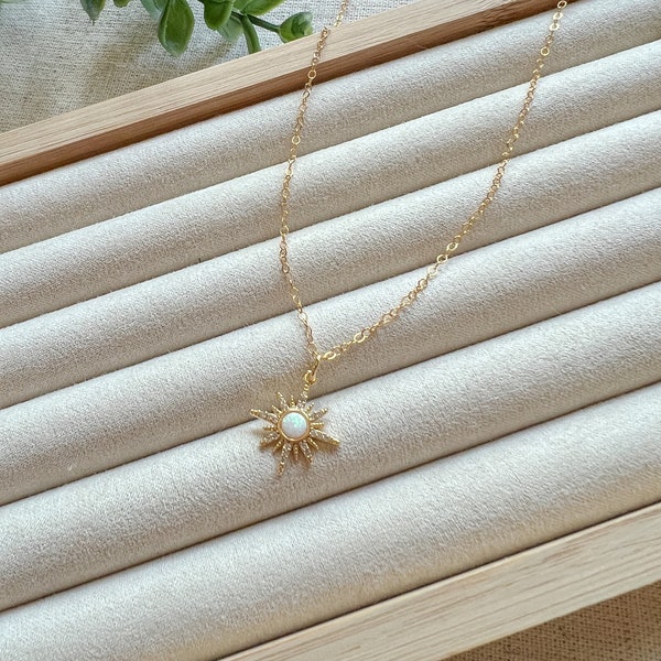 Opal Star Pendant Necklace, 14K Gold Filled Sunburst Necklace, Everyday Opal Gold Necklace, Golden Celestial Necklace, Dainty Opal Necklace