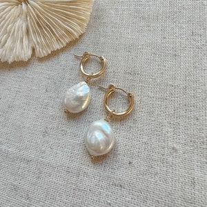 Genuine Coin Pearl Earrings, Gold Filled Pearl Earrings, Pearl Huggie Earrings, Freshwater Pearl Hoops, Minimal Pearl Earrings, Gift For Her