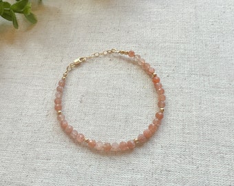 Sunstone Beaded Bracelet, Gold Filled or Silver Beaded Gemstone Bracelet, Dainty Gemstone Bracelet, Orange Gemstone Bracelet, Birthday Gifts