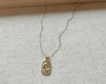 Vintage Moon Pendant Necklace, Gold Filled Moon Charm Necklace, Celestial Necklace, Dainty Minimal Gold Tag Necklace, Birthday Gift for Her