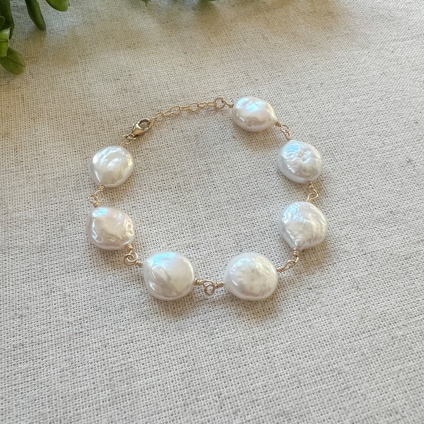 Coin Pearl Bracelet, Real Pearl Bracelet, Chunky Freshwater Pearl Bracelet, Bridal Pearl Bracelet, Gift for Girlfriend, Bridesmaid Gift