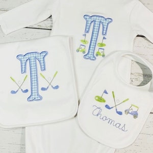 Baby Boys 3pc Personalized embroidered Little Golfer set / 0-3 months gown, bib and matching burp cloth / bodysuit, baby layette set for boy