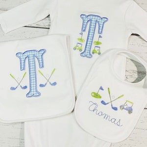 Baby Jungen 3-teiliges gesticktes kleiner Golfer Set / 0-3 Monate Hemd, Lätzchen und passendes Spucktuch / Body, Babyausstattung für Jungen
