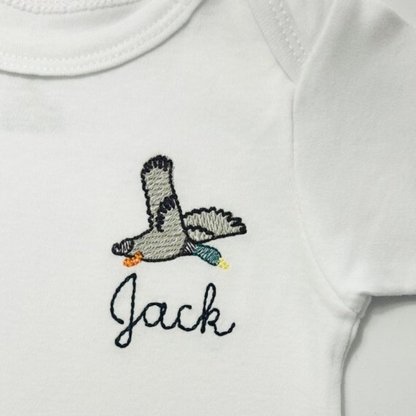 Embroidered personalized baby duck ONESIES® Brand bodysuit, embroidered baby mallard bodysuit, baby duck bodysuit, flying mallard bodysuit