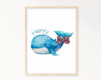 May include: A watercolor print of a blue whale with a red and white bow tie. The print has the name "Henry" written in blue above the whale.