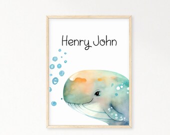 Personalized Funny Whale watercolor Nursery wall art print, Whale wall art print with name for kids, Whale nursery decor, blue nursery decor