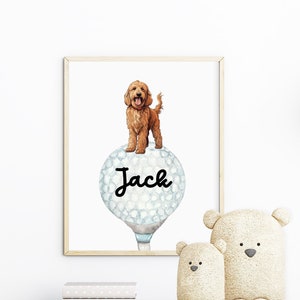 Personalized Goldendoodle on a Golf ball wall art print, Goldendoodle wall art, golf wall art, Goldendoodle art, golf art, dog wall art