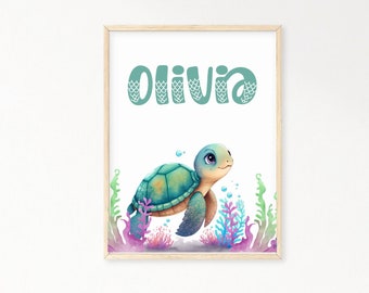 May include: A printable nursery art print featuring a cute cartoon sea turtle swimming in the ocean with coral and seaweed. The print includes the name "Olivia" in a teal blue font with a white outline.
