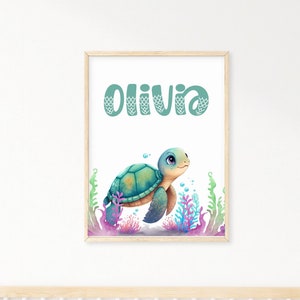 Personalized Sea turtle Nursery wall art print, watercolor sea turtle kids wall art with name, turtle nursery decor, turtle wall art