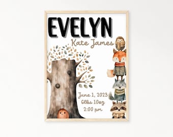 Personalized Woodland Animal Baby birth stats nursery art print, Forest Animals Birth Announcement nursery wall art with name, nursery sign
