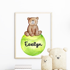 Personalized Woodland Bear on a Tennis Ball wall art print, kids Tennis art print, nursery name sign, baby name sign, sports art, boys art