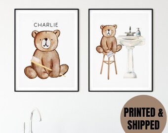 Personalized Woodland Bear bathroom wall art set of 2 prints, bear with toothbrush kids bathroom wall art, kids bathroom wall art with name