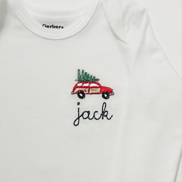 Embroidered personalized  Station Wagon with Tree Christmas ONESIES® brand bodysuit, personalized baby bodysuit, custom Christmas outfit