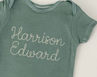 Hand Dyed Dark Sage Green Baby bodysuit, personalized embroidered sage green ONESIES® Brand baby bodysuits, custom bodysuit, cursive font