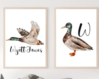 Personalized Duck wall art set of 2 prints, Personalized mallard nursery wall art prints, personalized kids duck wall art prints with name
