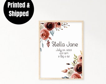 Boho Floral Baby birth stats sign, terracotta rose nursery wall art, Boho modern wall art, floral baby birth stats art print, baby wall art