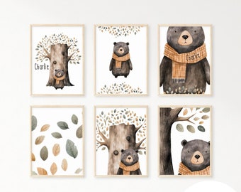 Personalized Fall Woodland Bear wall art set of 6 prints, Fall wall art prints, kids wall art, bear nursery wall art, woodland bear art