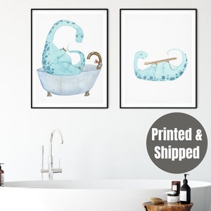 Blue dinosaur bathroom wall art set of 2 prints, dinosaur taking a bath wall art prints, kids bathroom wall art prints, brush your teeth art