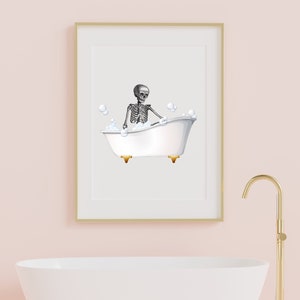 Skeleton in a Bathtub wall art print, Vintage Halloween Bathroom wall art, bathroom art, Spooky Wall art, bathing skeleton wall art print