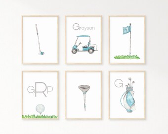 Personalized Golf wall art set of 6 prints, custom personalized golf wall art set, personalized golf cart wall art print with name, golfer