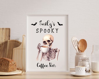 Personalized Skeleton Coffee Bar wall art print, Skeleton Coffee wall art with name, vintage Halloween art, Skeleton wall art print