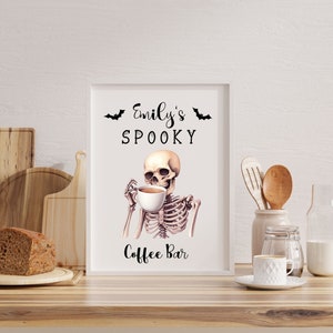 Personalized Skeleton Coffee Bar wall art print, Skeleton Coffee wall art with name, vintage Halloween art, Skeleton wall art print