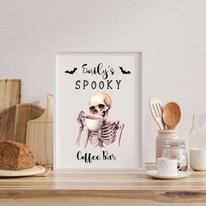 Personalized Skeleton Coffee Bar wall art print, Skeleton Coffee wall art with name, vintage Halloween art, Skeleton wall art print
