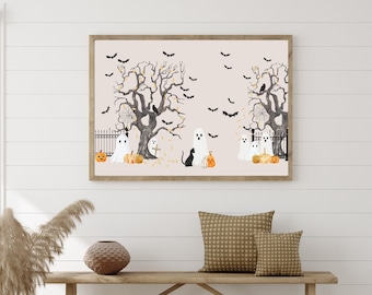 May include: A watercolor painting of a spooky Halloween scene with two bare trees, bats flying in the air, ghosts, and pumpkins. The scene is set against a light pink background.