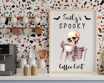 Personalized Skeleton Coffee cart wall art print, Skeleton Coffee wall art with name, vintage Halloween art, Skeleton wall art print